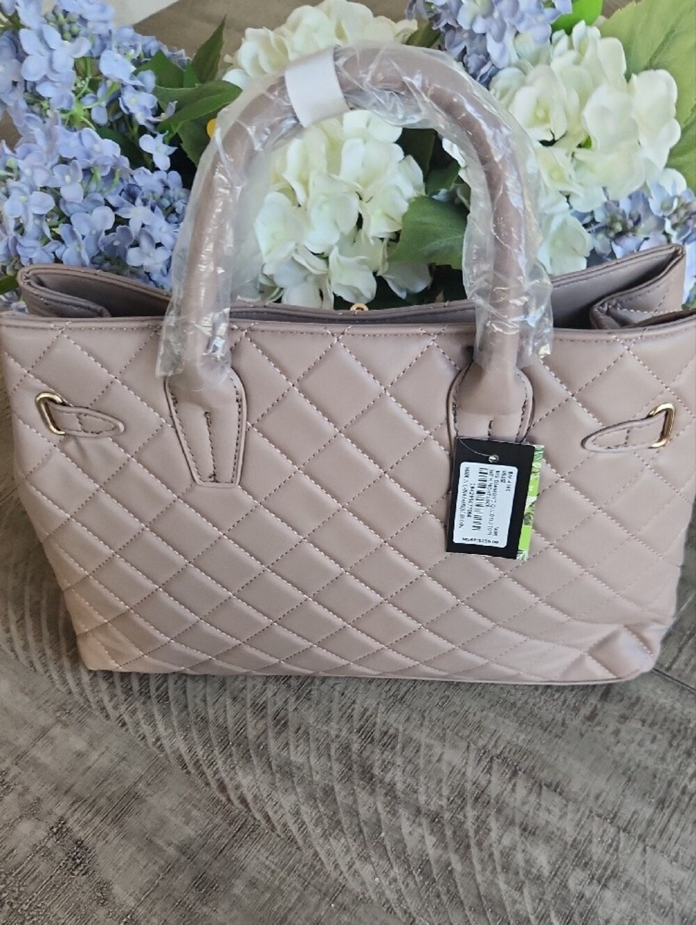 Badgley Mischka Quilted Taupe Satchel with Gold Hardware - Picture 8 of 11